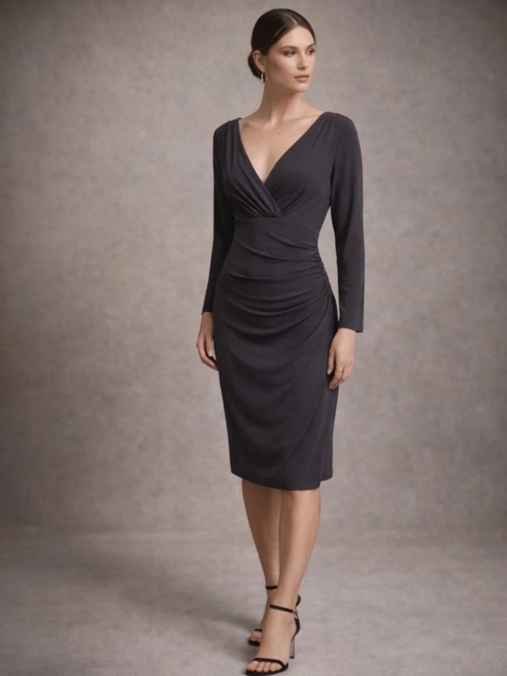 Lauren Ralph Lauren Ruched Surplice Jersey Dress in Charcoal Grey Size 8